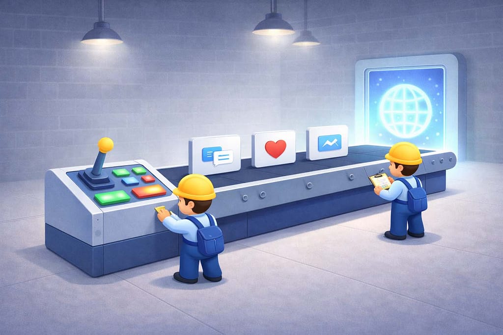 Workers running a content factory line feeding an internet portal, representing social media management in Staten Island.
