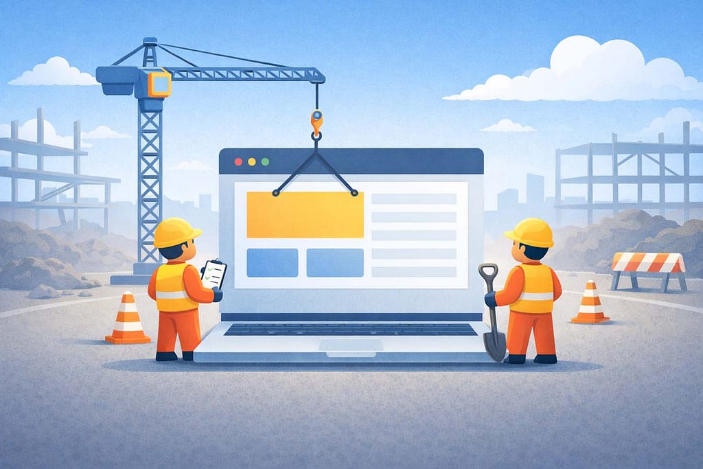 Construction crew using a crane to assemble a website interface, representing web design and development in Staten Island.